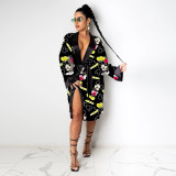 Sexy Printed Long Sleeve Sashes Nightgown SHD-9813