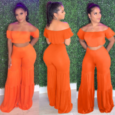 Solid Short Sleeve Wide Leg Pants Two Piece Sets MDF-5294