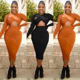 Fashion Long Sleeve Hollow Solid Color Dress WMEF-20771