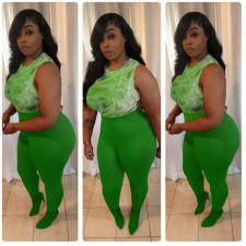 Sexy Mesh Printed Tank Top+Pants 2 Piece Sets MOF-6686
