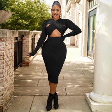 Fashion Long Sleeve Hollow Solid Color Dress WMEF-20771