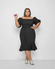Plus Size Slash Neck Half Sleeve Rullfed Midi Dress MTY-6618
