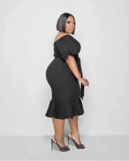 Plus Size Slash Neck Half Sleeve Rullfed Midi Dress MTY-6618