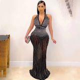 Plus Size Hot Drilling Deep V Neck Halter Maxi Club Dress NY-8983