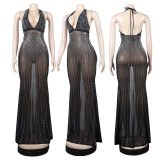 Plus Size Hot Drilling Deep V Neck Halter Maxi Club Dress NY-8983