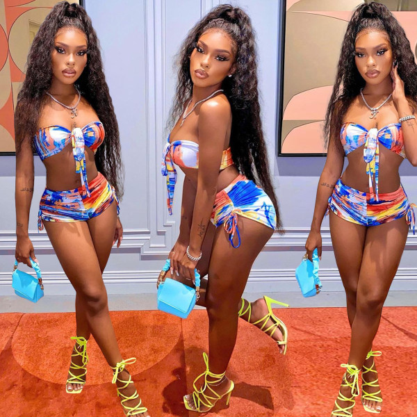 Sexy Printed Wrap Chest Drawstring Shorts 2 Piece Sets JZHF-8106