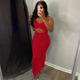 Solid Sexy Ruched Halter Backless Split Dress GLF-10087