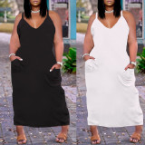 Plus Size Solid V Neck Pockets Loose Sling  Dress NY-2372