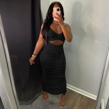 Solid Sexy Ruched Halter Backless Split Dress GLF-10087