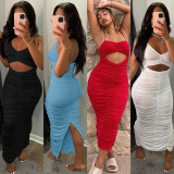 Solid Sexy Ruched Halter Backless Split Dress GLF-10087