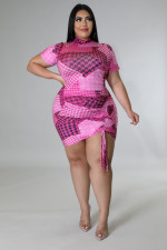 Plus Size Houndstooth Print Drawstring Short Sleeve Mini Dress OSM-5300