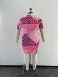 Plus Size Houndstooth Print Drawstring Short Sleeve Mini Dress OSM-5300