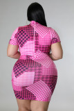 Plus Size Houndstooth Print Drawstring Short Sleeve Mini Dress OSM-5300
