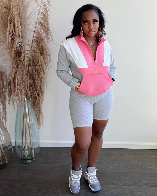 Casual Patchwork Long Sleeve 2 Piece Shorts Set BLX-61003