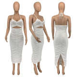 Solid Sexy Ruched Halter Backless Split Dress GLF-10087