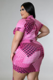 Plus Size Houndstooth Print Drawstring Short Sleeve Mini Dress OSM-5300