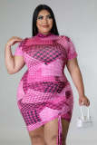 Plus Size Houndstooth Print Drawstring Short Sleeve Mini Dress OSM-5300