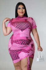 Plus Size Houndstooth Print Drawstring Short Sleeve Mini Dress OSM-5300