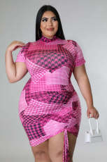 Plus Size Houndstooth Print Drawstring Short Sleeve Mini Dress OSM2-5300