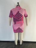 Plus Size Houndstooth Print Drawstring Short Sleeve Mini Dress OSM-5300