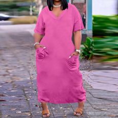 Plus Size Solid V Neck Short Sleeve Pockets Maxi Dress NY-2373