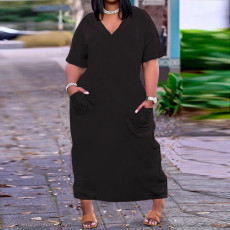 Plus Size Solid V Neck Short Sleeve Pockets Maxi Dress NY-2373