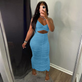 Solid Sexy Ruched Halter Backless Split Dress GLF-10087