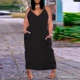 Plus Size Solid V Neck Pockets Loose Sling  Dress NY-2372