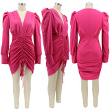 Solid Deep V Neck Drawstring Ruched Bodycon Dress HNIF-076