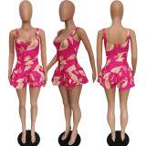 Sexy Print Zipper Top+Ruffled Shorts Culotte 2 Piece Sets BGN-238