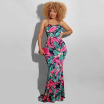Leaves Print Backless Sling Maxi Dress OSIF-22190