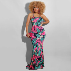 Leaves Print Backless Sling Maxi Dress OSIF-22190