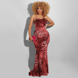 Sexy Leopard Feather Print Backless Maxi Dress OSIF-22191