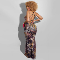 Sexy Leopard Feather Print Backless Maxi Dress OSIF-22191
