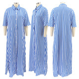 Plus Size Mid-Sleeve Loose Striped Shirt Long Dress HNIF-041