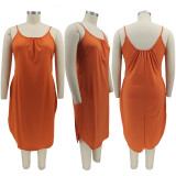 Plus Size Solid Sleevless Pockets Split Midi Dress HNIF-013