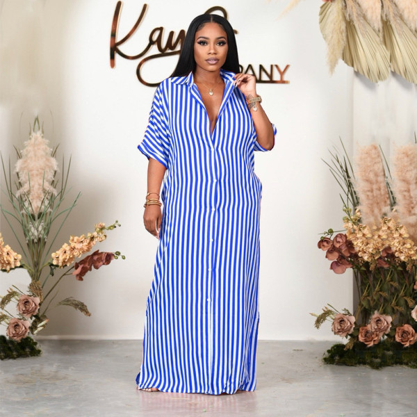 Plus Size Mid-Sleeve Loose Striped Shirt Long Dress HNIF-041
