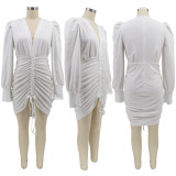 Solid Deep V Neck Drawstring Ruched Bodycon Dress HNIF-076