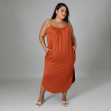 Plus Size Solid Sleevless Pockets Split Midi Dress HNIF-013