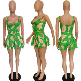 Sexy Print Zipper Top+Ruffled Shorts Culotte 2 Piece Sets BGN-238