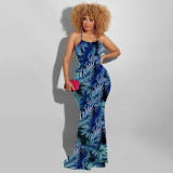 Leaves Print Backless Sling Maxi Dress OSIF-22192