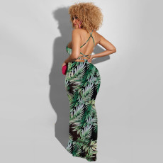 Leaves Print Backless Sling Maxi Dress OSIF-22192