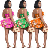 Sexy Print Zipper Top+Ruffled Shorts Culotte 2 Piece Sets BGN-238