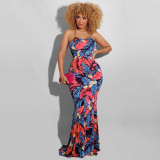 Leaves Print Backless Sling Maxi Dress OSIF-22190
