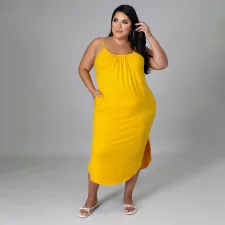 Plus Size Solid Sleevless Pockets Split Midi Dress HNIF-013