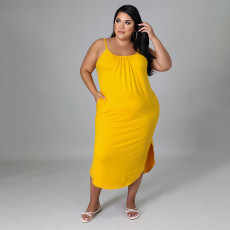 Plus Size Solid Sleevless Pockets Split Midi Dress HNIF-013
