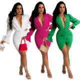 Solid Deep V Neck Drawstring Ruched Bodycon Dress HNIF-076