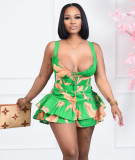 Sexy Print Zipper Top+Ruffled Shorts Culotte 2 Piece Sets BGN-238