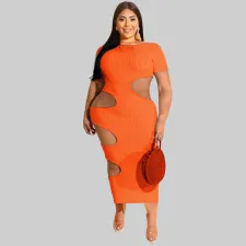Plus Size Solid Short Sleeve Hollow Out Long Dress OSIF-22199