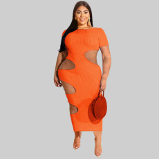 Plus Size Solid Short Sleeve Hollow Out Long Dress OSIF-22199